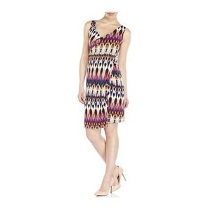 Badgley Mischka Womens Multicolor Ikat Print Ruched V-Neck Sheath Dress Size 8